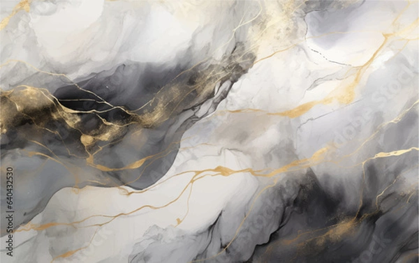 Fototapeta Black and white marble texture with gold strokes Vector background