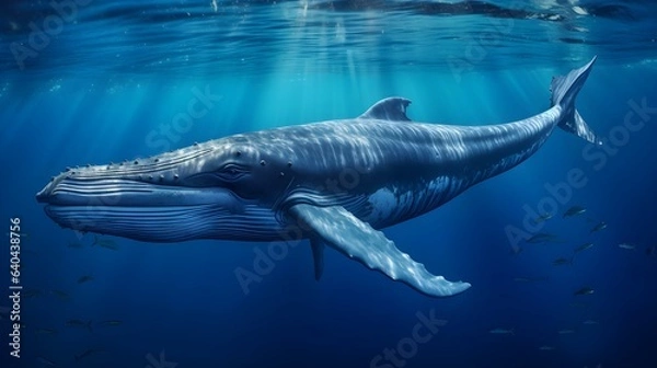Fototapeta Close up of a Blue Whale swimming in the clear Ocean. Natural Background with beautiful Lighting