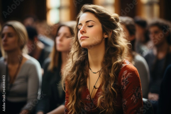 Fototapeta Friends participate in a workshop focused on stress management techniques, learning strategies to prevent burnout. Generative Ai.