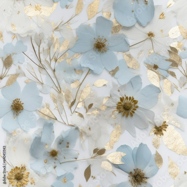 Fototapeta Blue Pressed Flowers Seamless Patterns