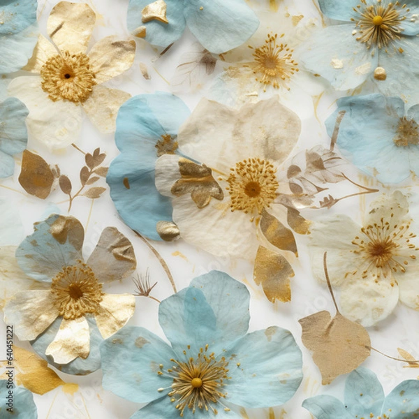 Fototapeta Blue and Yellow Pressed Flower Seamless Patterns