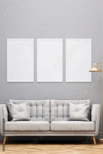 Fototapeta Poster Frame Mockup, Multiple White Framed Posters on a Wall in a Clean Minimal Modern Living Room, Generative AI