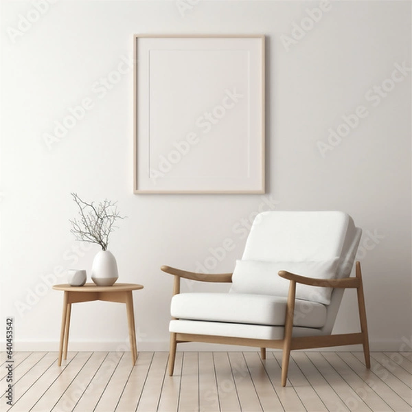 Fototapeta Poster Frame Mockup, White Framed Poster on a Wall in a Clean Minimal Modern Living Room, Generative AI