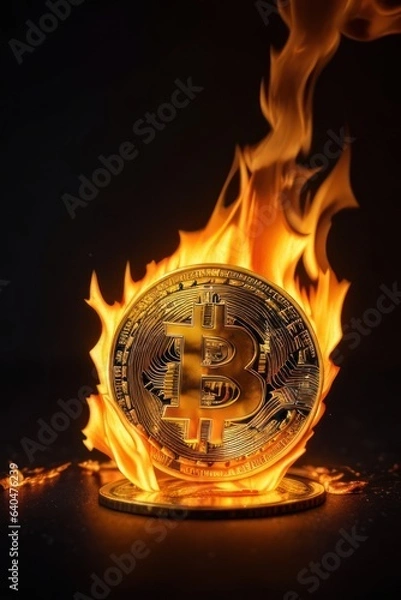 Obraz Crypto coins burning with fire.generative AI