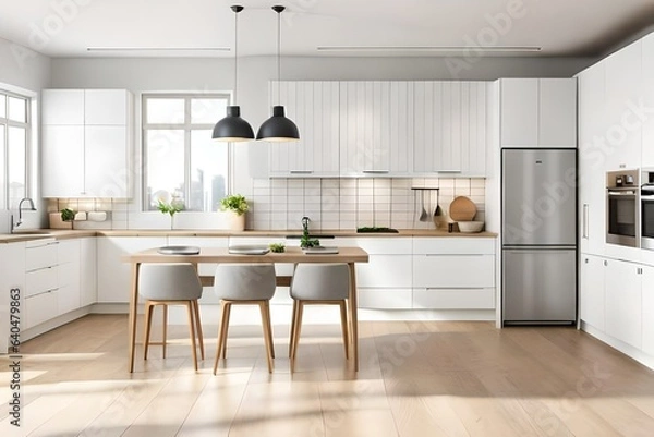 Fototapeta Minimal light scandinavian kitchen interior. White furniture with utensils, shelves with crockery and plants in pots, small refrigerator near window, panorama, empty space. 3d rendering.