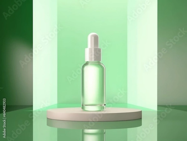 Fototapeta Mock up empty serum bottle with green modern minimal background. Generative AI