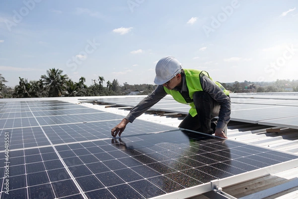 Fototapeta A technician installing the solar panels at roof top of home and home office ,concept of economic energy and cost saving ,own small business