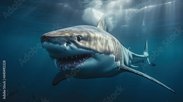 Fototapeta Portrait scary white shark appearing in the sea AI Generative