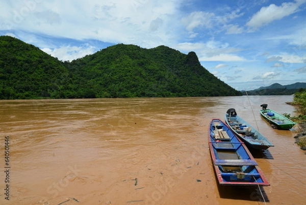 Fototapeta fisherman boat on Maekhong river Thailand Laos border in Chiang Khan