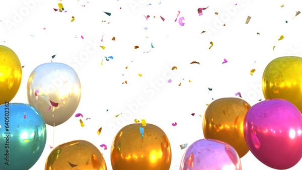 Fototapeta 3d render of multicolored balloons and confetti falling on transparent background, anniversary, birthday or wedding celebration