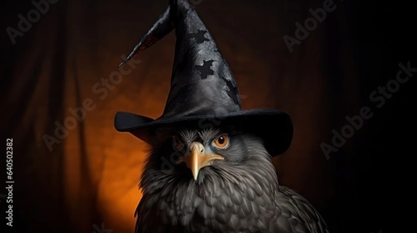Fototapeta a photograph of cute chicken use witch hat for halloween celebration generative ai