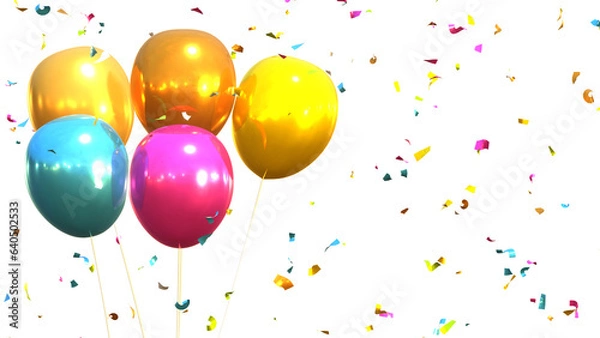 Fototapeta 3d render of multicolored balloons and confetti falling on transparent background, anniversary, birthday or wedding celebration