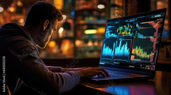 Fototapeta A financial analyst is monitoring the laptop market charts, with charts and diagrams flashing on the notebook screen