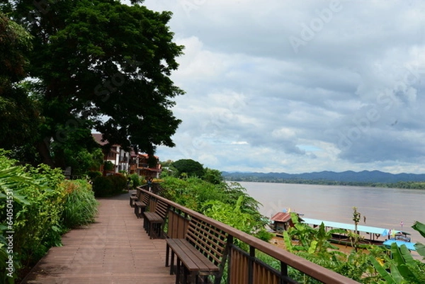 Fototapeta benches in the park beside River Khong   Thailand - Laos border  Chiang Khan