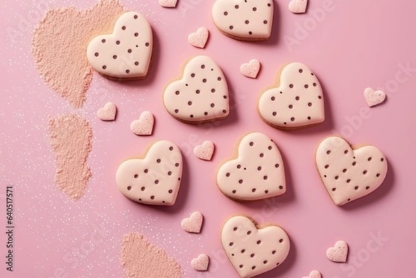 Fototapeta large heart-shaped cookie with a light pink background, details with pink sugar icing inside the cookie and crispy edge