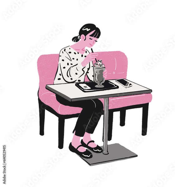 Obraz カフェでデザートを食べる若い女性のイラスト