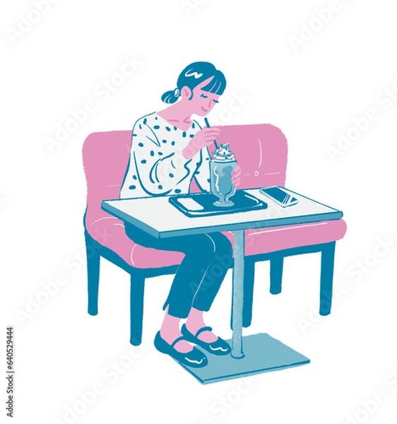 Obraz カフェでデザートを食べる若い女性