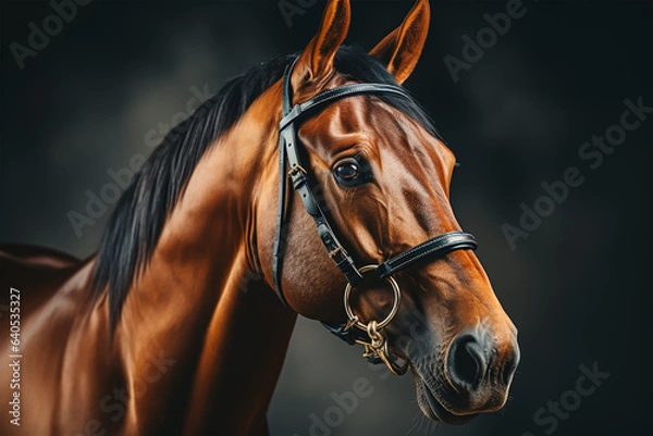 Fototapeta Beautiful horse portrait on a dark background. Generative ai