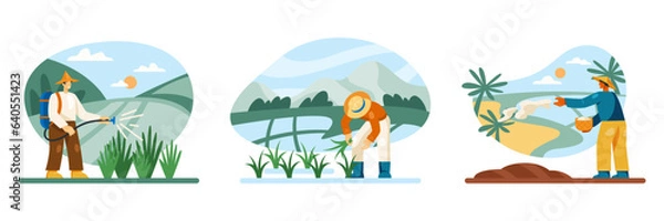 Fototapeta Man in uniform spraying rice bushes with special solution or fertilizer. Worker working on rice plantation. Man sowing rice in field. Vector illustration in cartoon style
