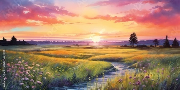 Obraz AI Generated. AI Generative. Watercolor ink drawing painting field meadow sun nature outdoor landscape background. Graphic Art