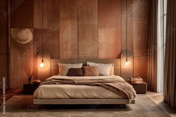 Fototapeta Generous Bedroom designer, Combining Chic Elegance, Inviting Hardwood Floors, Wood Walls, and Soft Beige Tones.