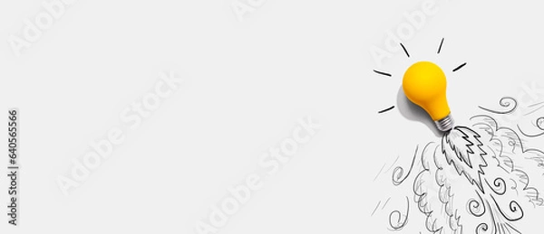 Fototapeta Idea light bulb flying to the sky like a rocket - Flat lay