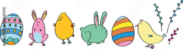Obraz Fun hand drawn Easter themes, chick, bunny, catkins and Easter eggs
