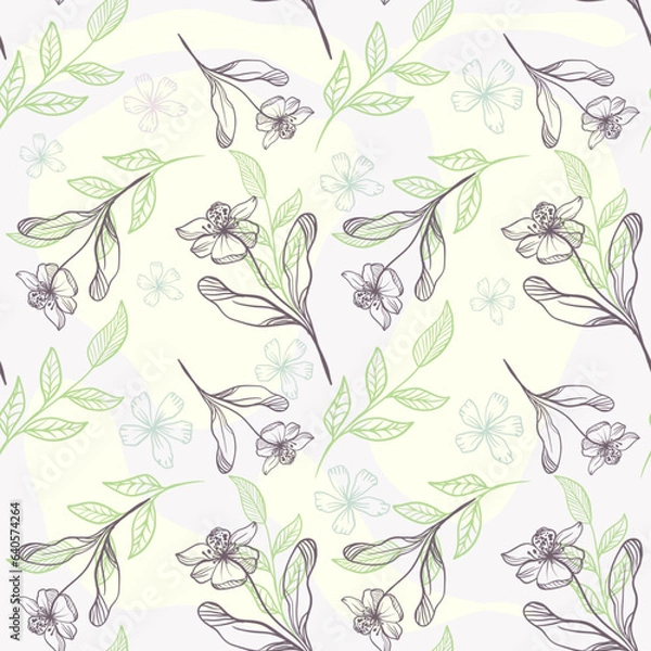 Fototapeta Doodle flowers seamless pattern for paper or textile. Light outline drawings of abstract flowers. Hand drawn, vector. Design botanical drawing layout for wallpaper, fabric, packaging