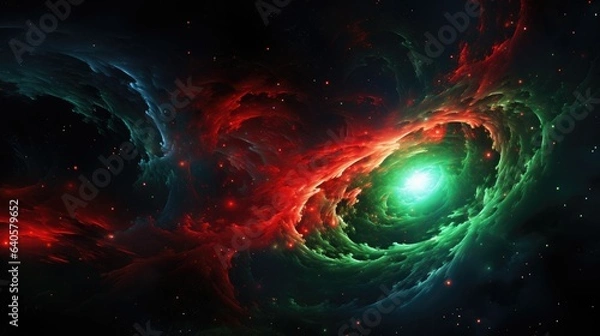 Fototapeta Background illustration concept art of a red and green galactic nebula in space, beautiful stars at the night sky