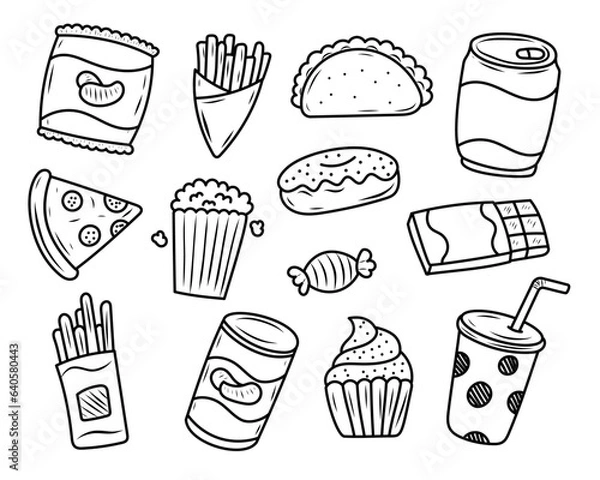 Fototapeta Set of snack vector illustrations in hand-drawn style isolated on white background. Snack doodle illustration