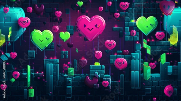 Fototapeta Generative ai pixel 8 bit heart pattern background