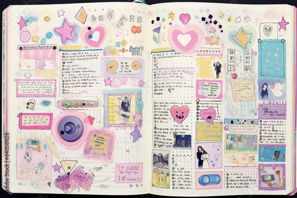 Fototapeta Generative ai illustration hand drawn of secret diary of 90s teenagers