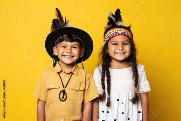 Obraz Native americans indigenous happy children portrait on yellow studio background. Pride native tribes of Americas