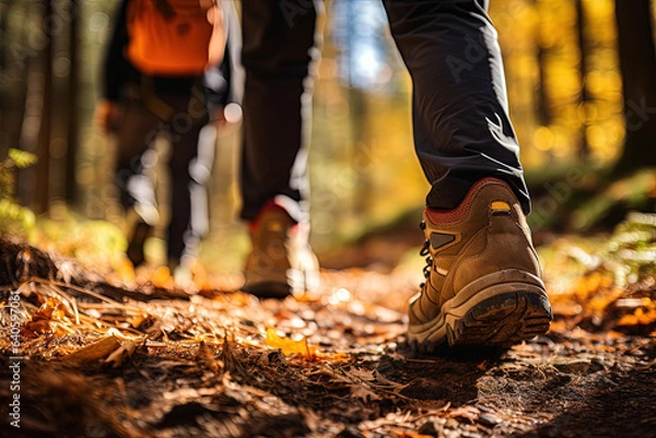 Obraz Group of tourists walks along the path of the autumn forest. Feet close-up. Traveling in a small group.