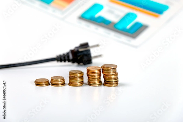 Fototapeta Plug of electrical device, coins and graphics. Price of electricity, crisis, inflation