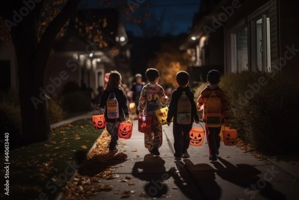 Fototapeta Children trick-or-treating in a neighborhood, wearing various costumes and carrying Halloween-themed buckets. The excitement and joy of collecting candy. Generative AI.