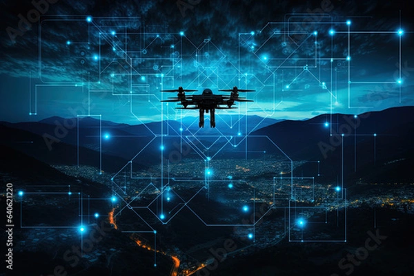 Fototapeta Future data by capturing drone images at night that collect information