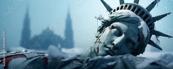 Fototapeta collapsed liberty statue apocalypse concept snowy landscape generative ai