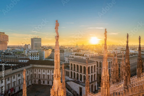 Fototapeta Aerial view of Royal Palace of Milan towards the southwest of Milan city