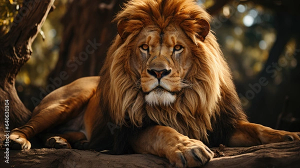 Obraz Beautiful large African Lion laying down with trees in the background.