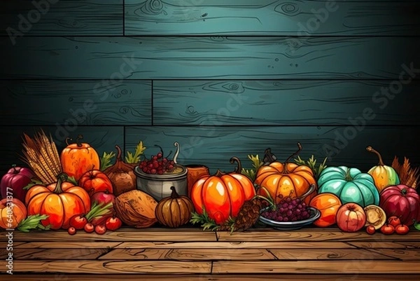 Obraz The colorful illustration of Thanksgiving holiday foods and items. Studio light. Generative Ai. 