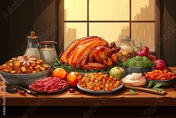 Obraz The colorful illustration of Thanksgiving holiday foods and items. Studio light. Generative Ai.

