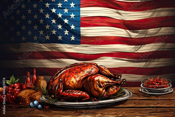 Obraz The colorful illustration of Thanksgiving holiday foods and items. USA flag.  Studio light. Generative Ai.
