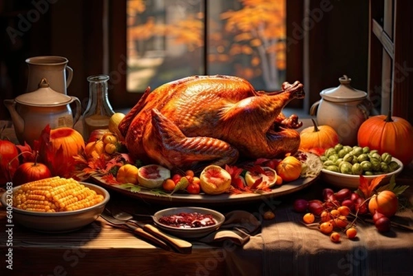 Obraz The colorful illustration of Thanksgiving holiday foods and items. Studio light. Generative Ai.
