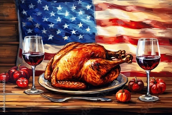 Obraz The colorful illustration of Thanksgiving holiday foods and items. USA flag.  Studio light. Generative Ai.
