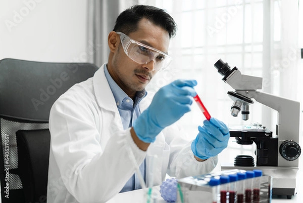 Fototapeta Lab work, Doctor holds a test tube takes the test from a test tube in analysis, blood, DNA, test tube stand.