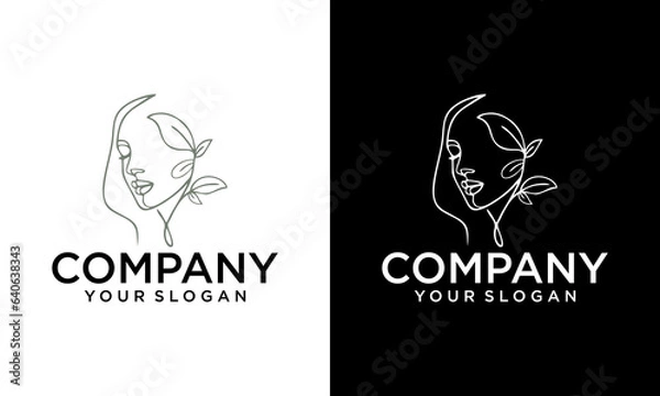 Fototapeta woman face with leaves. Continuous line drawing