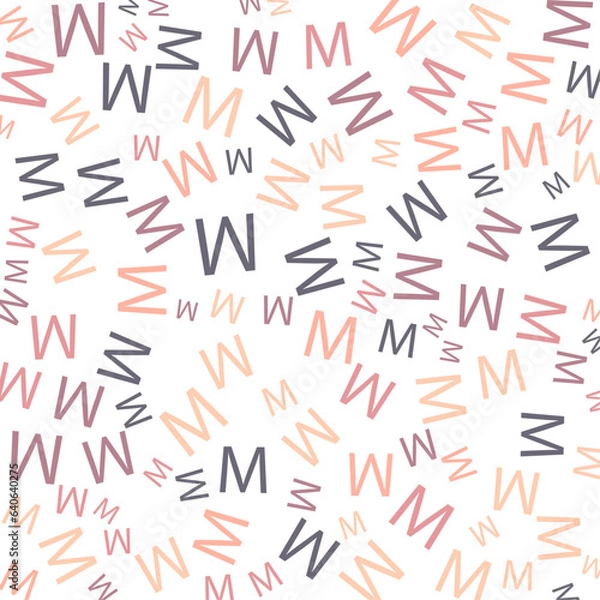 Fototapeta Seamless abstract M letter vector geometric pattern. Colorful letters on white background. Random order. Gift wrapping paper, fabric, poster. Bed linen and interior. School and learning theme.