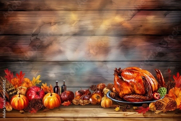 Obraz The colorful illustration of Thanksgiving holiday foods and items. Studio light. Generative Ai.
