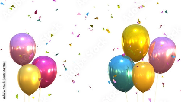 Fototapeta 3d render of multicolored balloons and confetti falling on transparent background, anniversary, birthday or wedding celebration